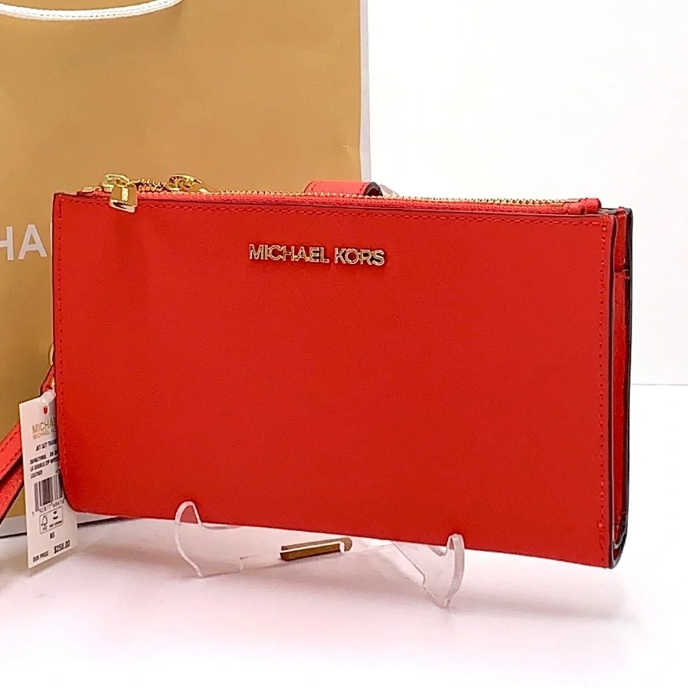 MICHAEL KORS Lg Double Zip Leather Smartphone Wallet DARK SANGRIA COLOR